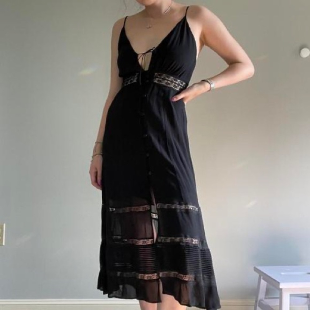 Reformation Elegant Black Midi Dress with Lace Accents